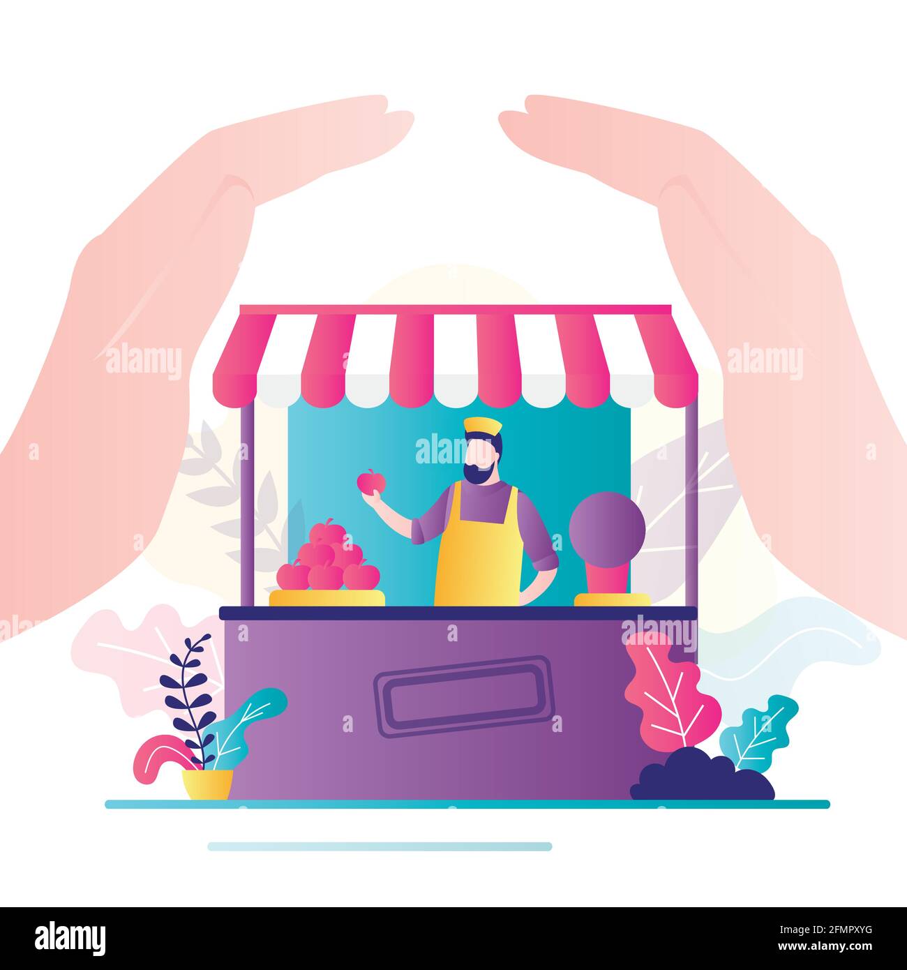 Grandes mains couvrant le magasin avec homme d'affaires. Assistance aux petites entreprises, concept d'assurance. Protection contre les crises financières. Arrêt de fruits et travailleur masculin. Prêt Illustration de Vecteur