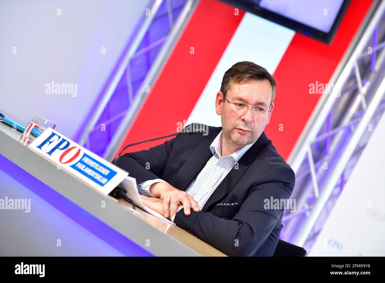 Vienne, Autriche. 11 mai 2021. Conférence de presse avec le porte-parole de l'éducation, Hermann Brückl (FPÖ), sur les sujets d'actualité du centre médiatique du FPÖ. Banque D'Images