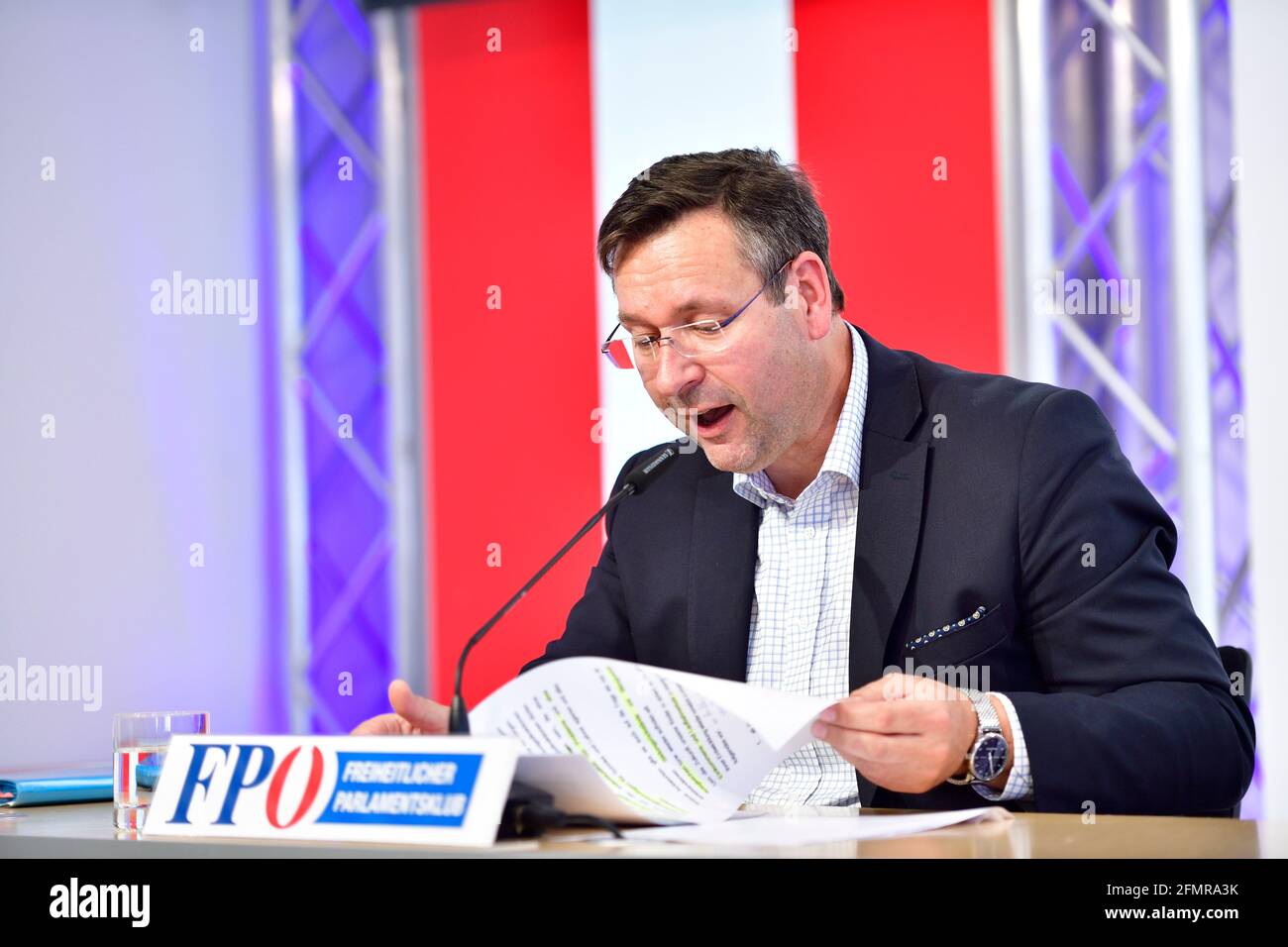 Vienne, Autriche. 11 mai 2021. Conférence de presse avec le porte-parole de l'éducation, Hermann Brückl (FPÖ), sur les sujets d'actualité du centre médiatique du FPÖ. Banque D'Images