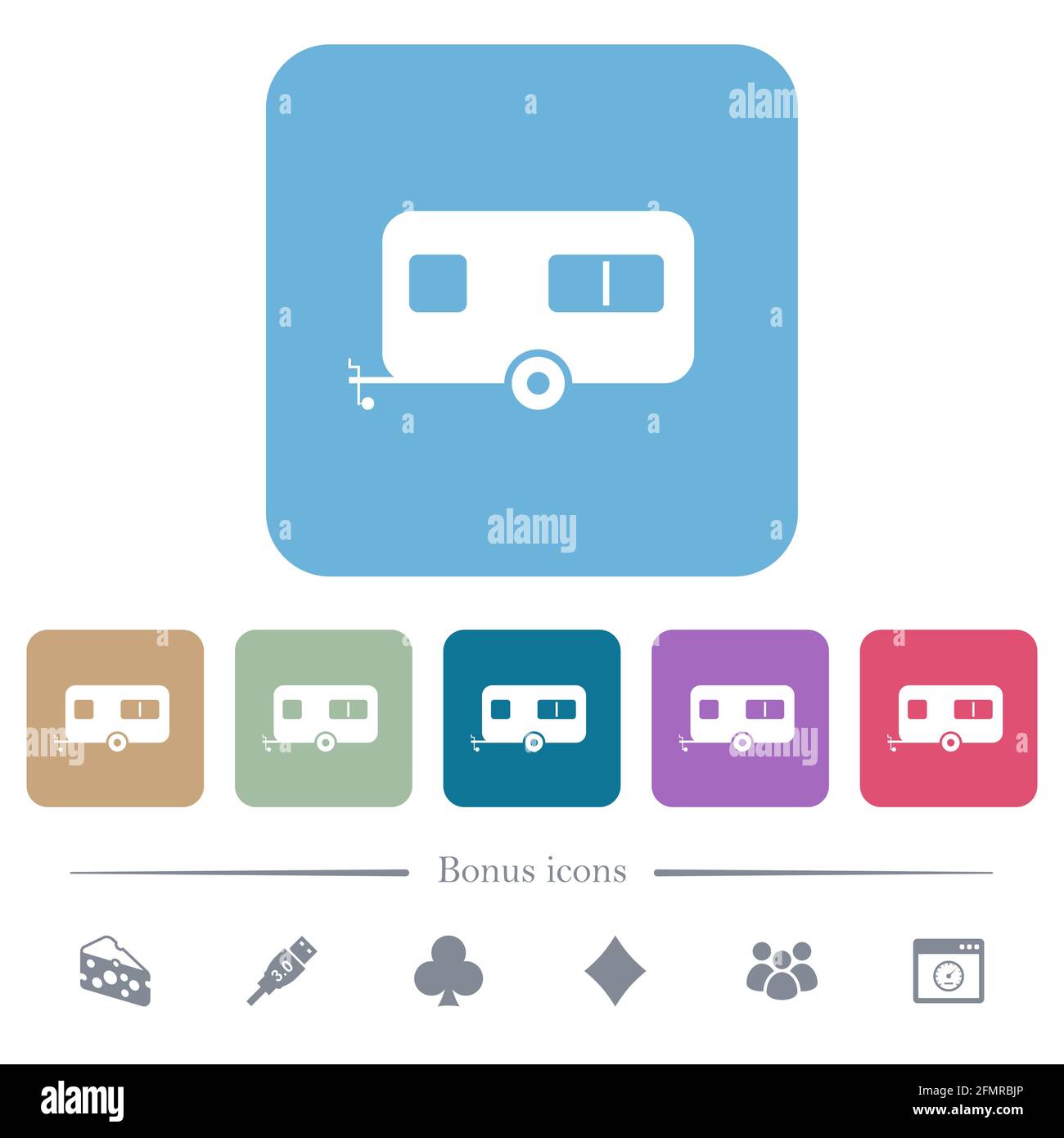 Remorque caravane icônes plates blanches sur fond carré de couleur arrondie. 6 icônes bonus incluses Illustration de Vecteur