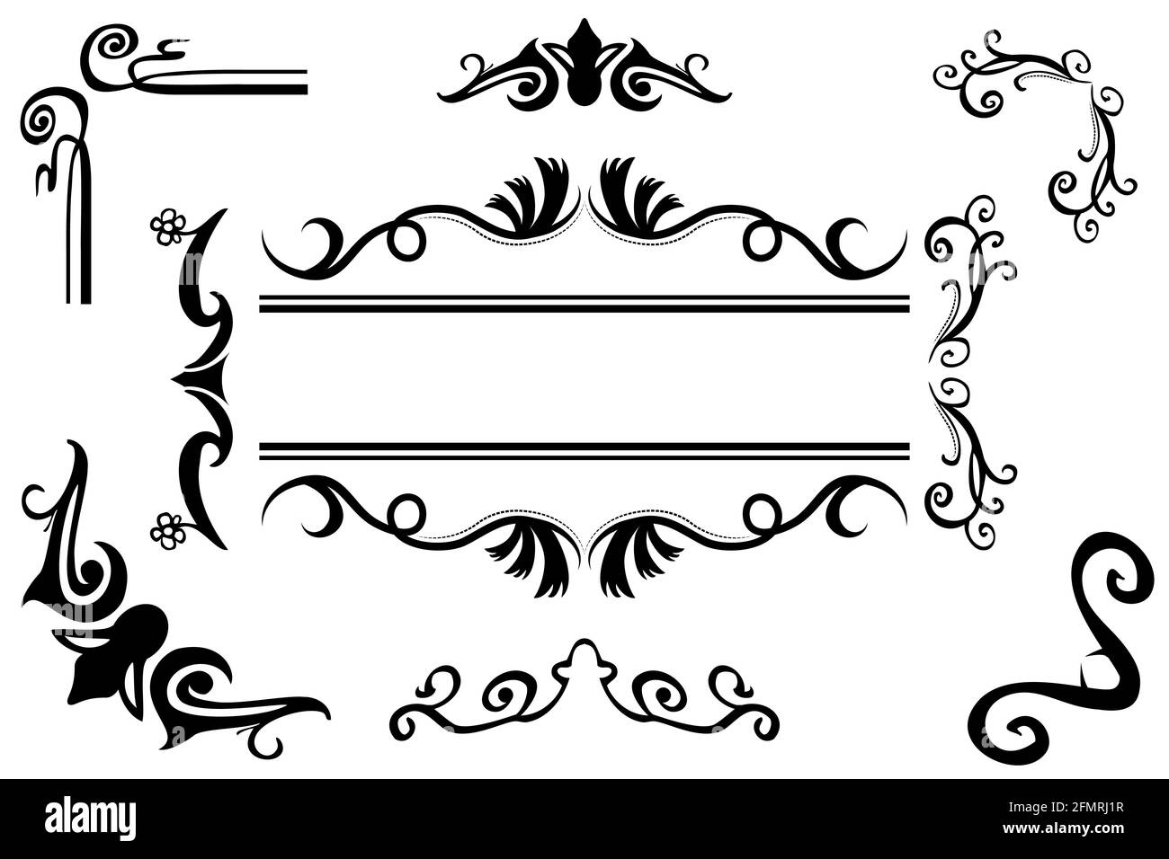 Ensemble 9 Vector Black Classic Floral Border, élément de design pour votre titre, invitation de mariage, Flyer et autre, isolé sur blanc Illustration de Vecteur