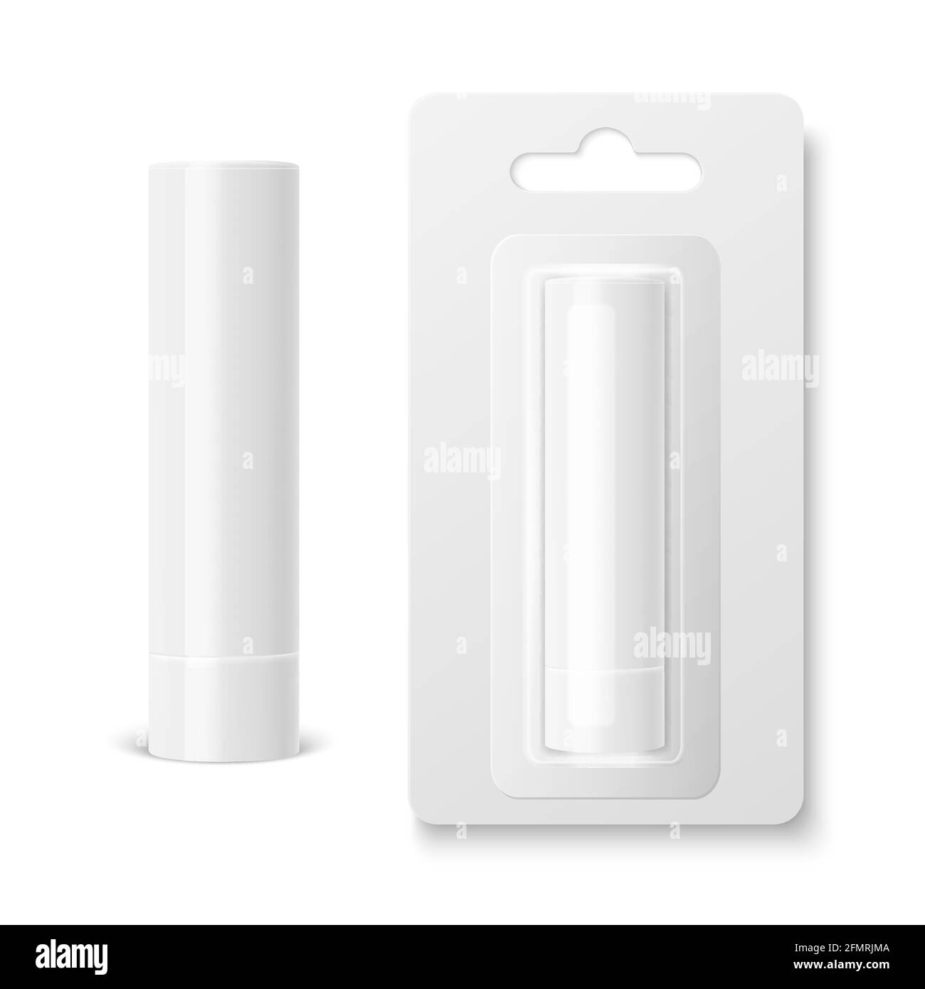 Vector Realistic 3d blanc blanc Baume à lèvre fermée bâton, Lipstick hygiénique et Blister ensemble d'emballage isolé. Modèle de conception pour graphiques, vecteur Illustration de Vecteur