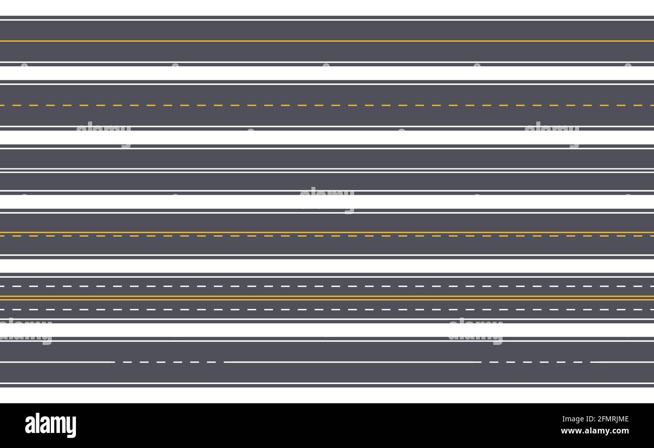 Autoroute fluide. Route en asphalte droite avec marquages jaunes et blancs. Rue urbaine horizontale. Jeu de vecteurs de chaussée à vue de dessus vide. Construction avec voies pour la direction du transport Illustration de Vecteur