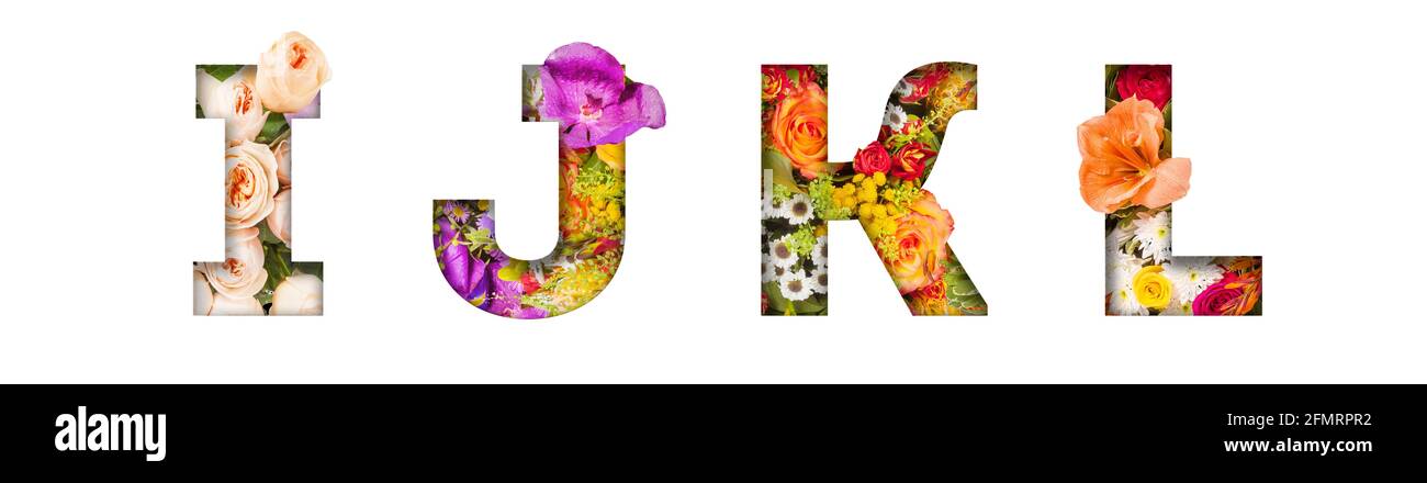 Lettres florales. Les lettres I, J, K, L sont faites à partir de photos de fleurs colorées. Une collection de lettres de flore merveilleuse Banque D'Images