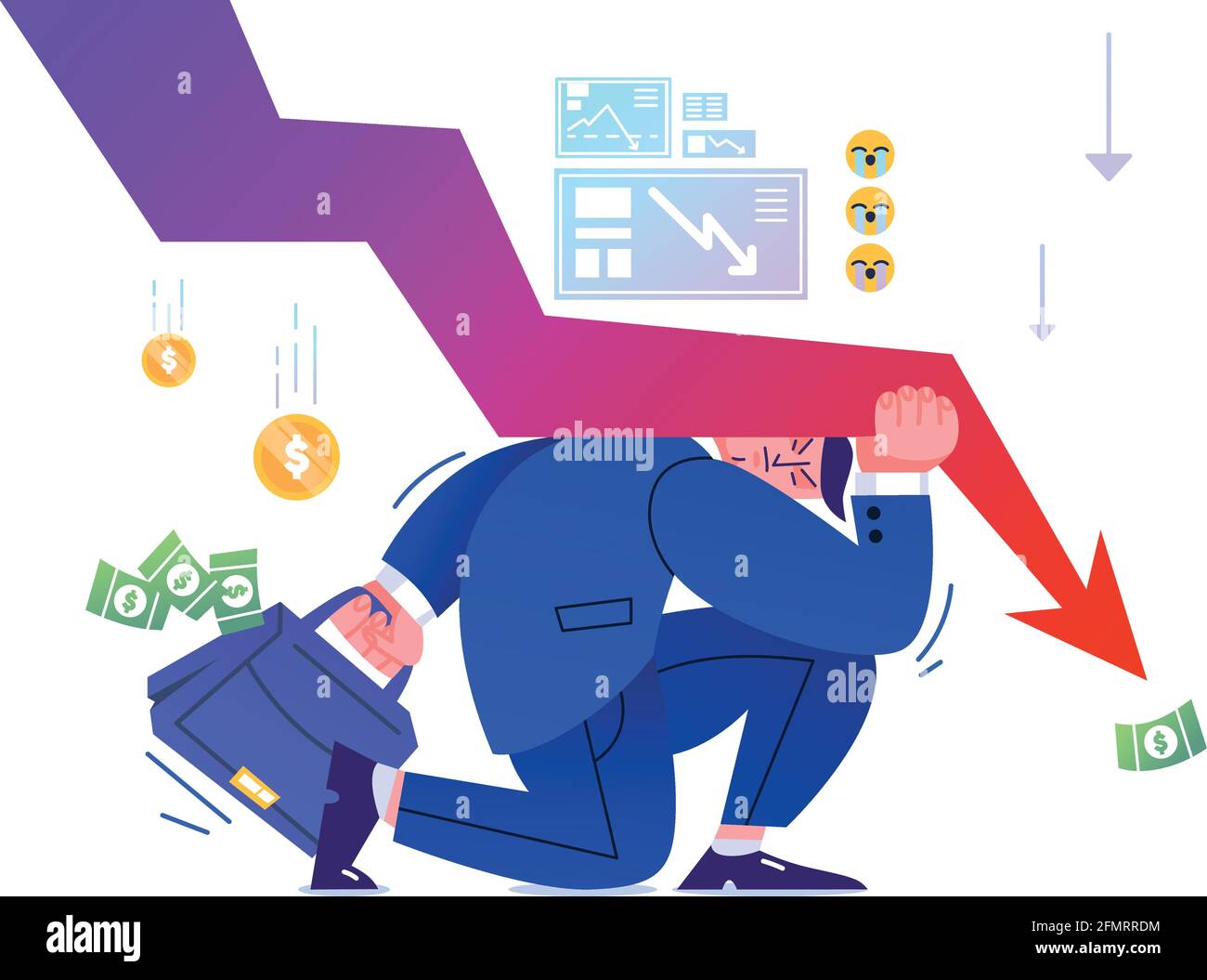 Crise financière, faillite commerciale, crise économique, faillite dette de prêt impayée. Pression de la flèche vers le bas sur l'actionnaire. L'homme plat résiste à la perte de profits. Problème de monnaie économique mondiale, entrepreneur déprimé Illustration de Vecteur