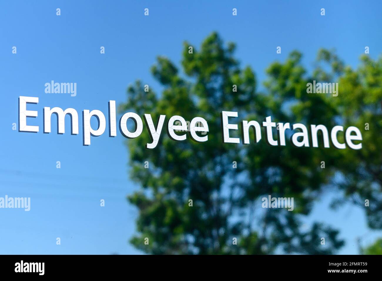 Affiche d'entrée des employés sur la porte vitrée menant au bureau. Concentrez-vous sur le mot employé. Mise au point sélective. Banque D'Images