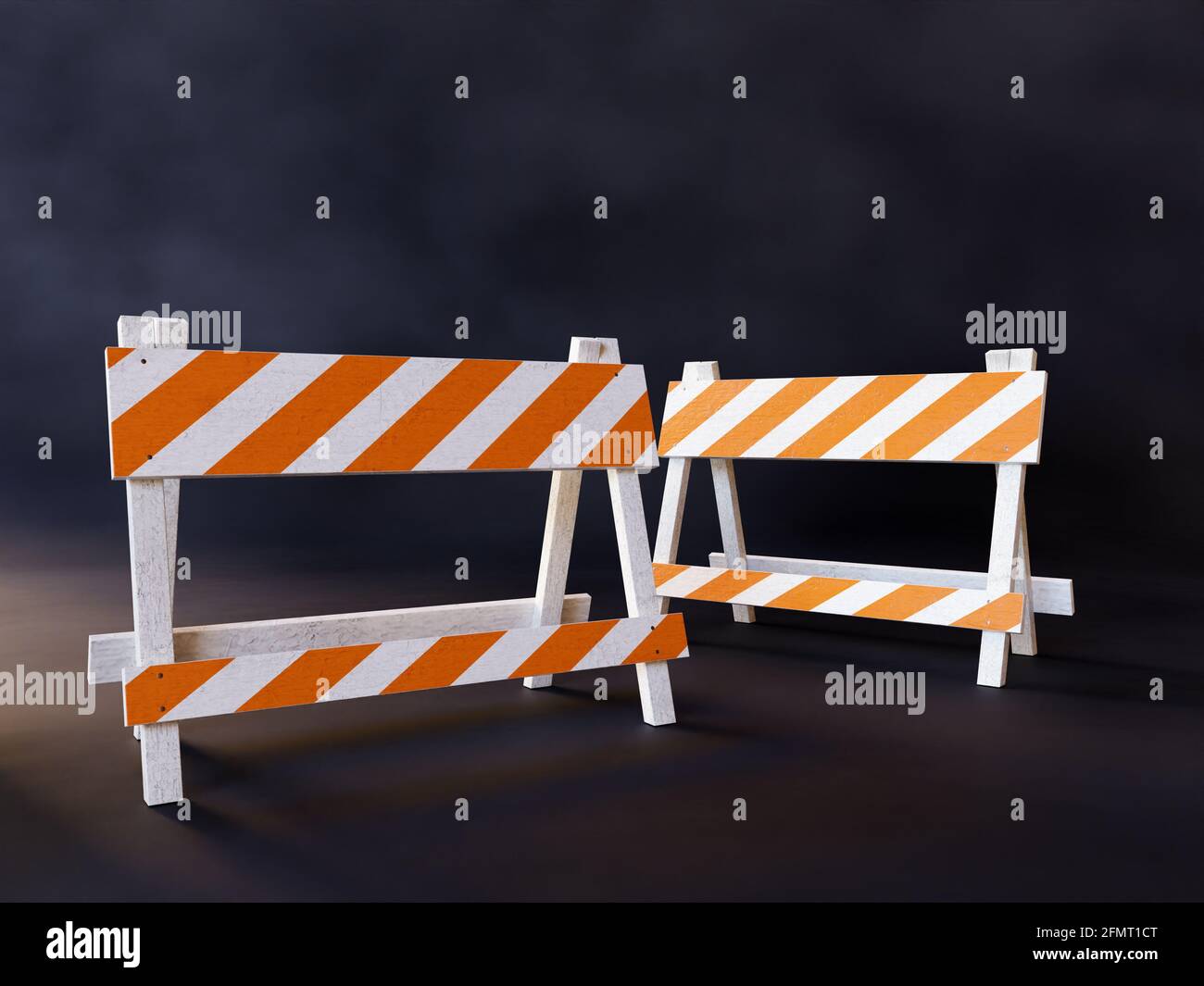 Deux barrières de construction de routes à rayures orange et blanc sur le noir arrière-plan Banque D'Images