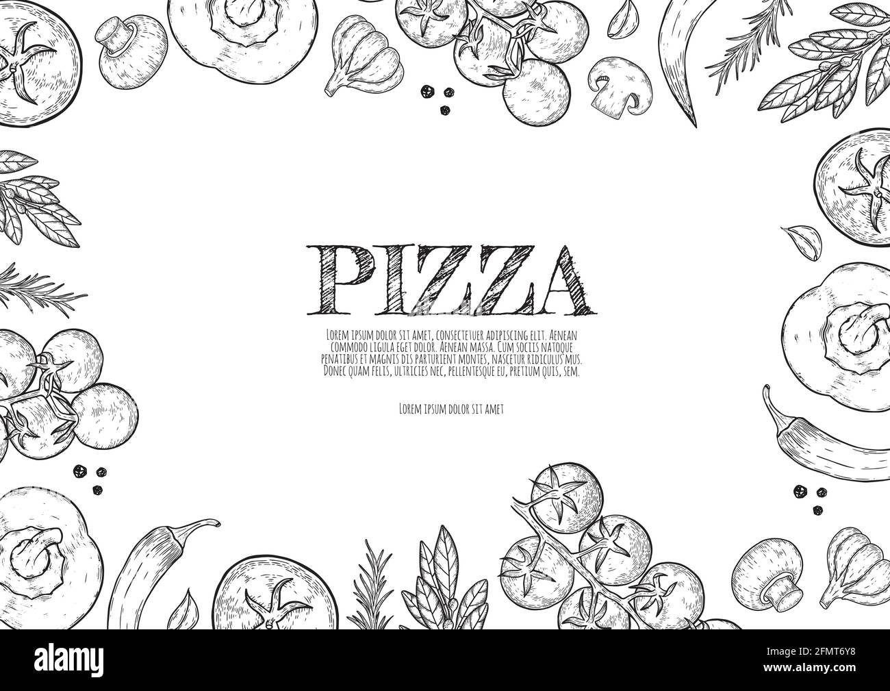 Fond vectoriel avec fromage, tomate, poivre, thym, basilic, l'ail, les champignons, l'oignon coule vers le bas. Illustration de Vecteur