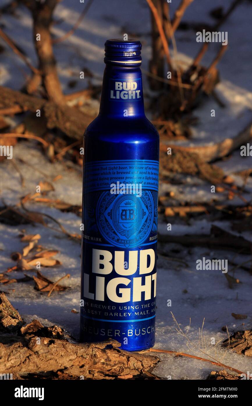 Bud Light en bouteilles d'aluminium bleues en hiver, on a pris un gros plan avec de la neige et des petits arbres dans le pays du Kansas. Banque D'Images