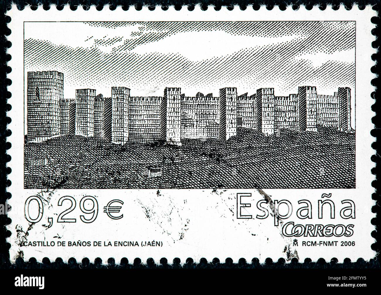 ESPAGNE - VERS 2006: Un timbre imprimé en Espagne montre le château Encina dans la province de Jaen, connu sous le nom de Burgalimar, vers 2006 Banque D'Images