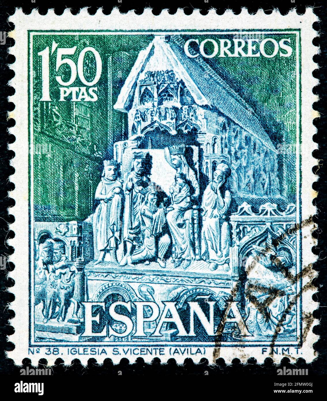 ESPAGNE - VERS 1968 : un timbre imprimé en Espagne montre le groupe de statuaires de l'église Saint-Vincent Avila vers 1968 Banque D'Images