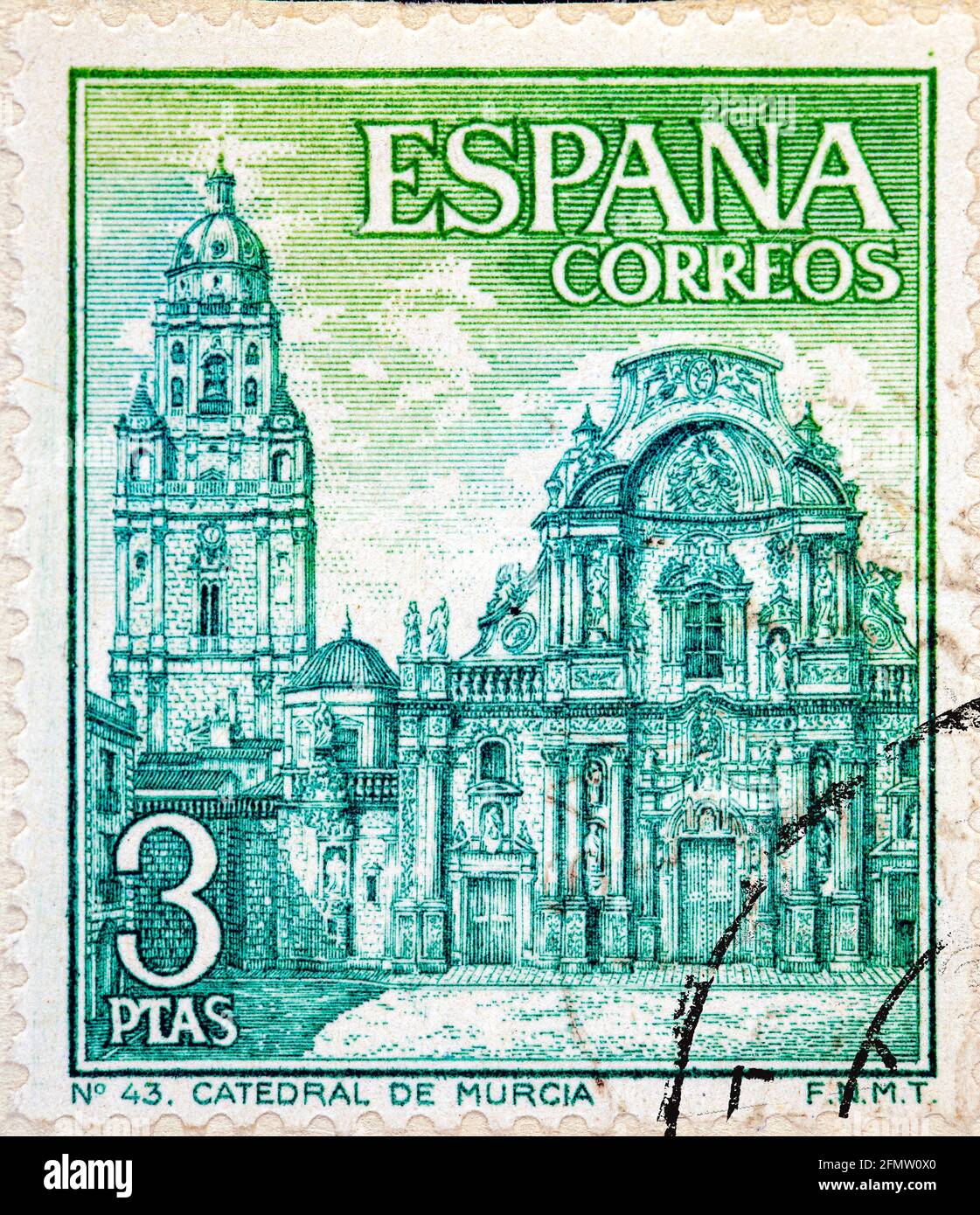 ESPAGNE - VERS 1969: Un timbre imprimé en Espagne montre la cathédrale de Murcie vers 1969 Banque D'Images