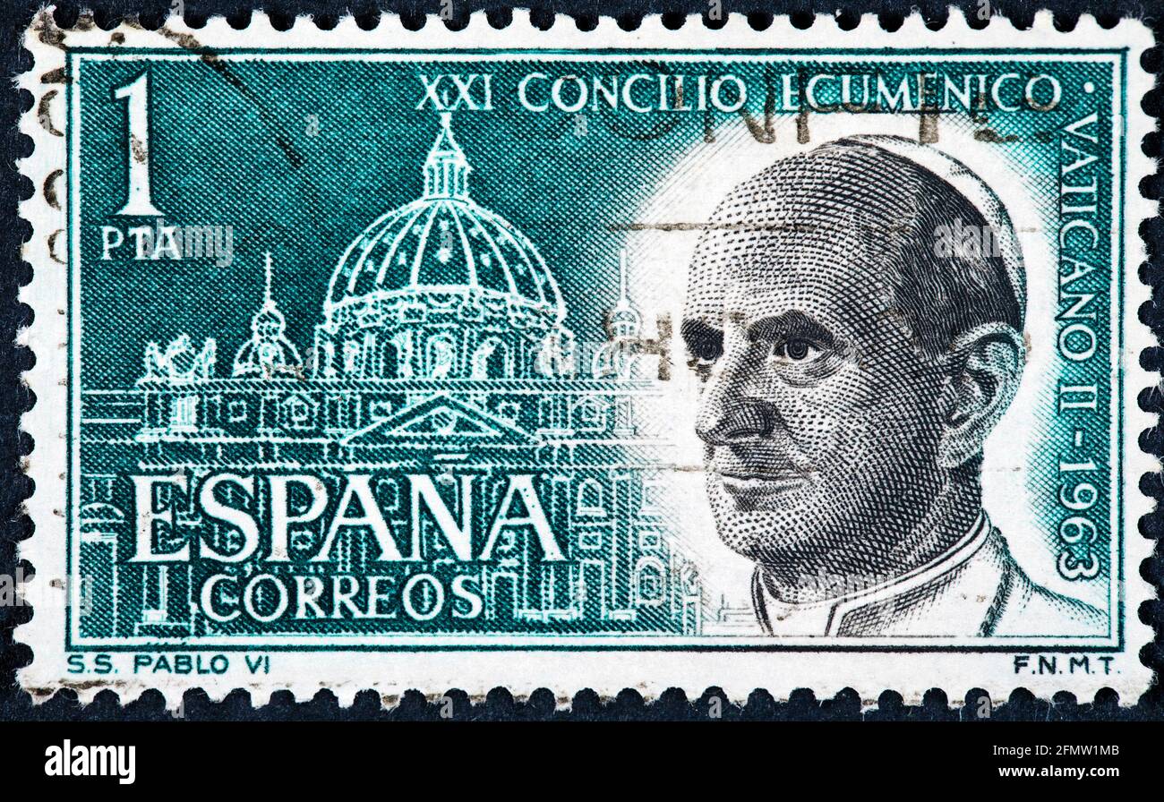 ESPAGNE - VERS 1962: Timbre imprimé par l'Espagne, le Concile Vatican II était un conseil œcuménique de l'Église catholique convoqué par le Pape Paul VI Banque D'Images