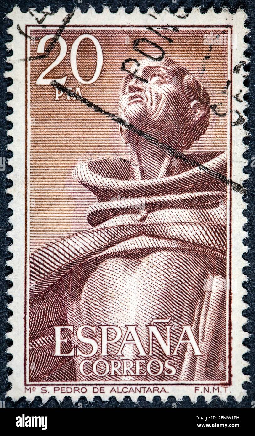 ESPAGNE - VERS 1976: Un timbre imprimé en Espagne montre le fríar franciscain espagnol, San Pedro de Alcantara, son vrai nom est Juan de Garavito et Vilela de S. Banque D'Images