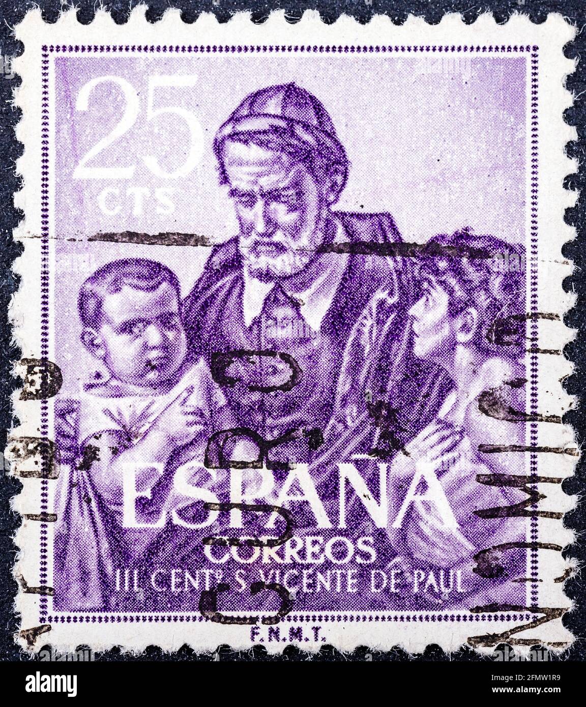 ESPAGNE - VERS 1960: Un timbre imprimé en Espagne montre Saint Vincent de Paul, prêtre de l'Église catholique qui s'est consacré à servir les pauvres, c Banque D'Images