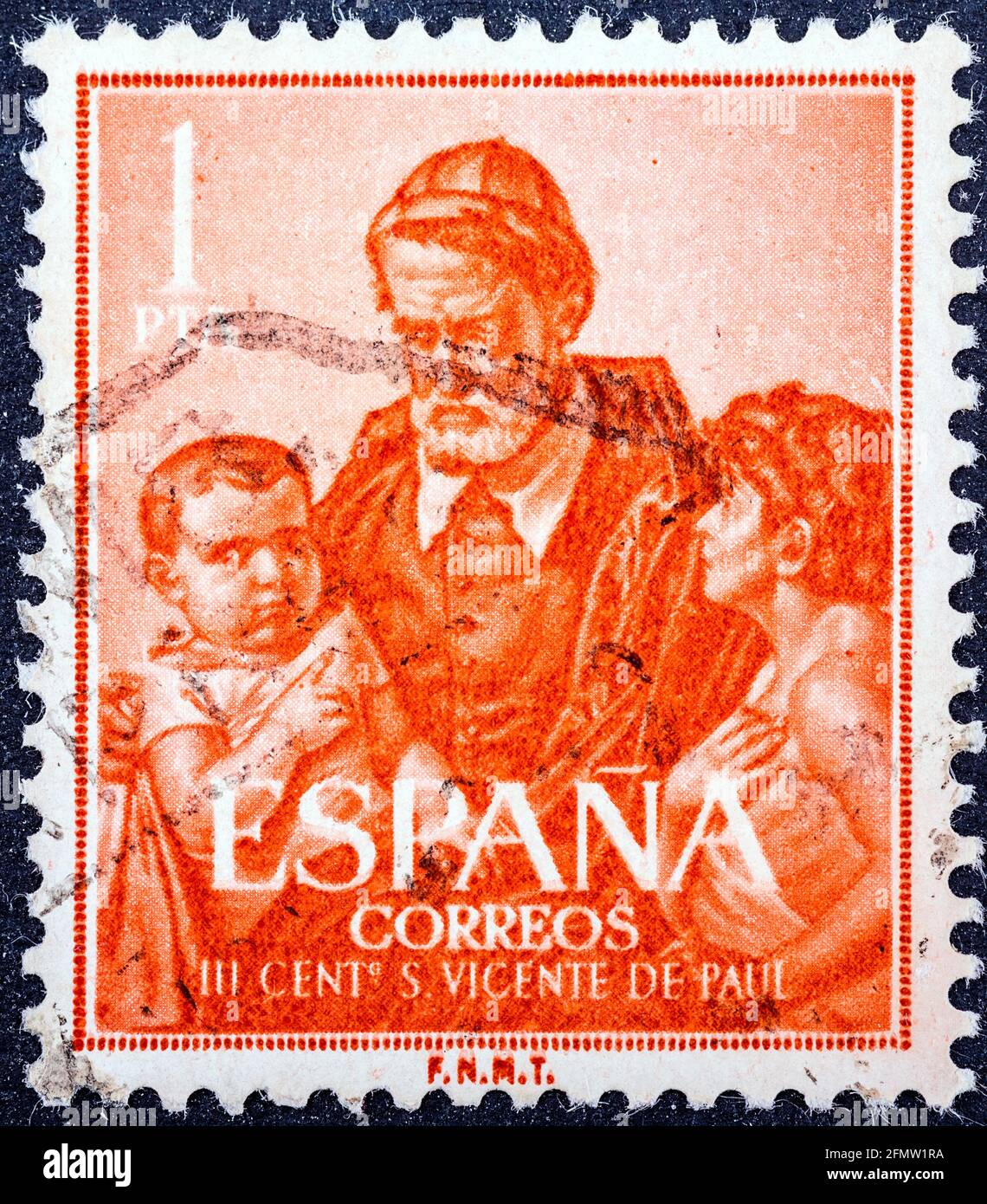ESPAGNE - VERS 1960: Un timbre imprimé en Espagne montre Saint Vincent de Paul, prêtre de l'Église catholique qui s'est consacré à servir les pauvres, c Banque D'Images