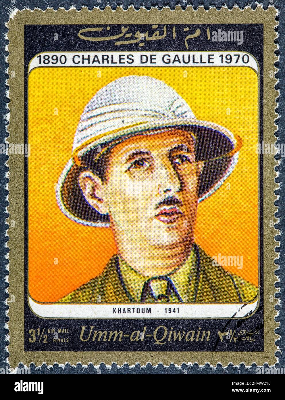 UMM AL-QUWAIN - VERS 1972 : un timbre imprimé dans l'Umm al-Quwain montre Charles de Gaulle, chef du président de la résistance du Franc Banque D'Images