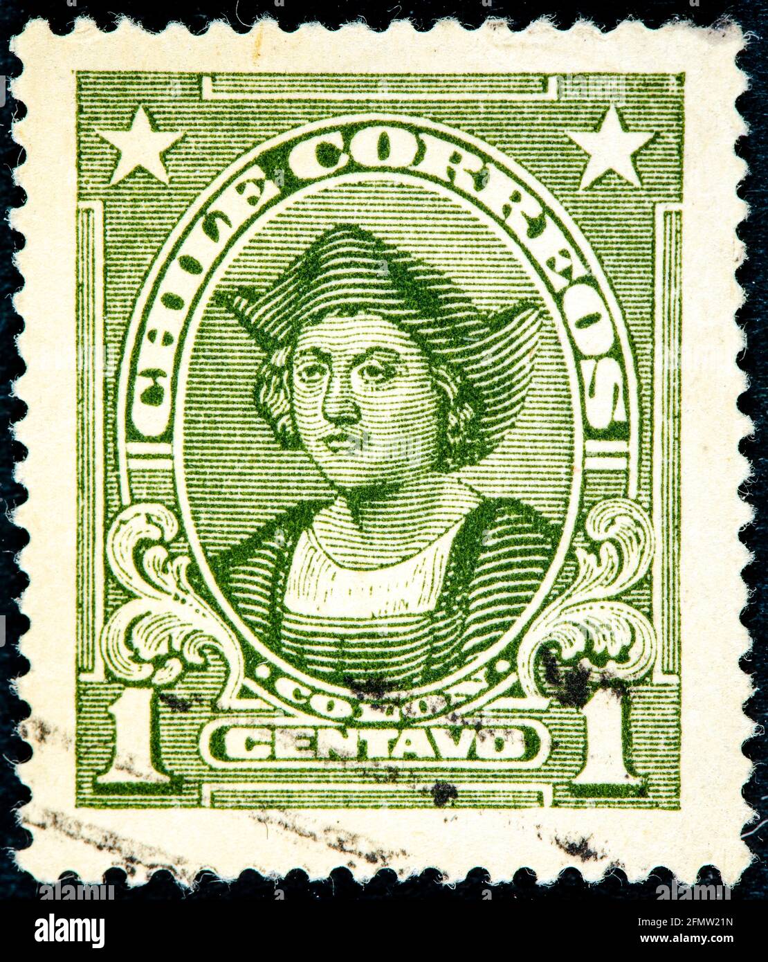 CHILI - VERS 1918: Un timbre imprimé au Chili montre Christophe Colomb, Cristobal Colon, explorateur, colonisateur, navigateur, vers 1918 Banque D'Images
