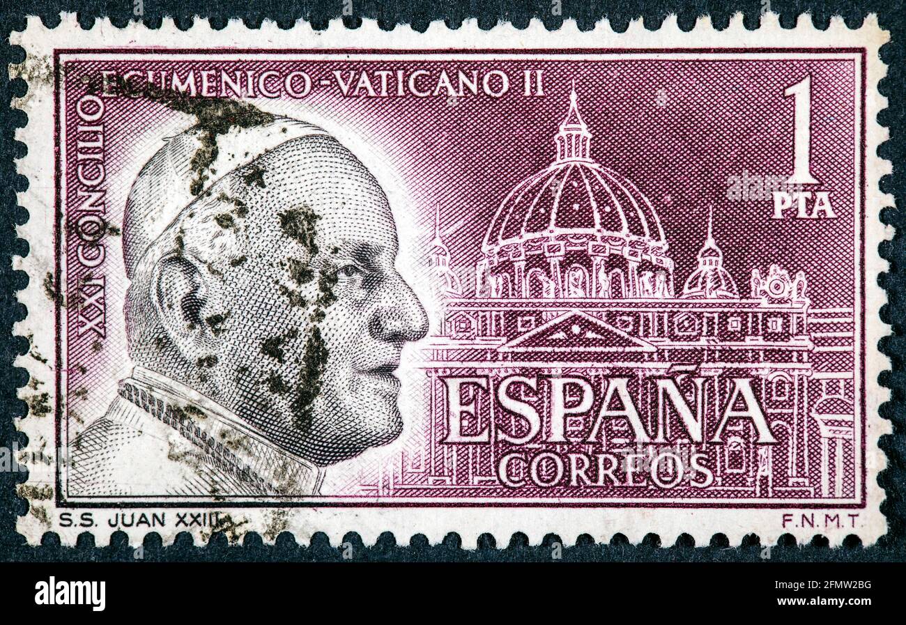 ESPAGNE - VERS 1962: Timbre imprimé par l'Espagne, le Concile Vatican II était un conseil œcuménique de l'Église catholique convoqué par le Pape Jean XXIII Banque D'Images