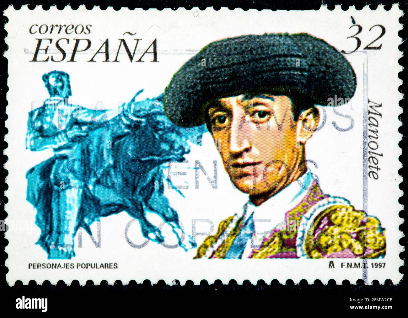 Espagne - Circa 1998: Un timbre imprimé en Espagne montre le taureau Manolete, appelé 'Manuel Rodriguez', personnages de la série chiffres, vers 1998 Banque D'Images
