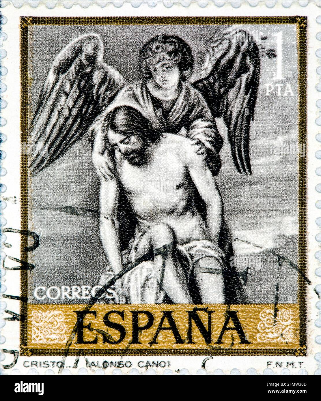 ESPAGNE - VERS 1969: Un timbre imprimé en Espagne montre Jésus et Ange peinture par Alonso Cano vers 1969 Banque D'Images