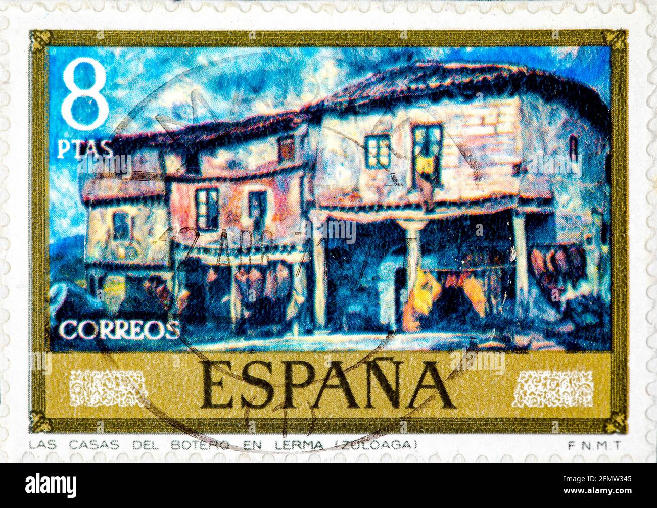ESPAGNE - VERS 1971: Un timbre imprimé en Espagne montre les maisons de Cobblers à Lerma peinture par Ignacio Zuloaga vers 1971 Banque D'Images