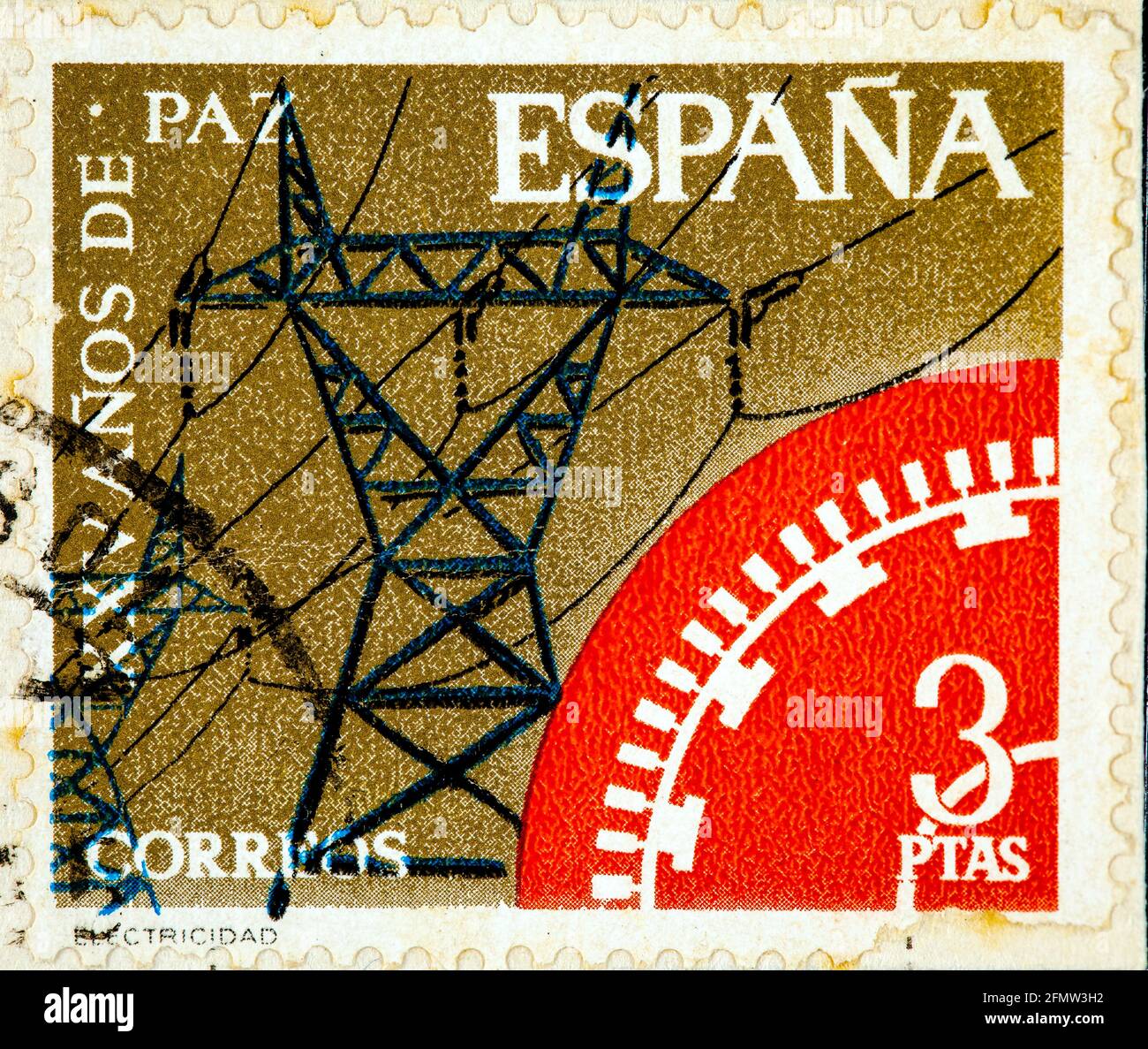 ESPAGNE - VERS 1964: Un timbre imprimé en Espagne montre 25 ans de paix, l'électricité vers 1966 Banque D'Images