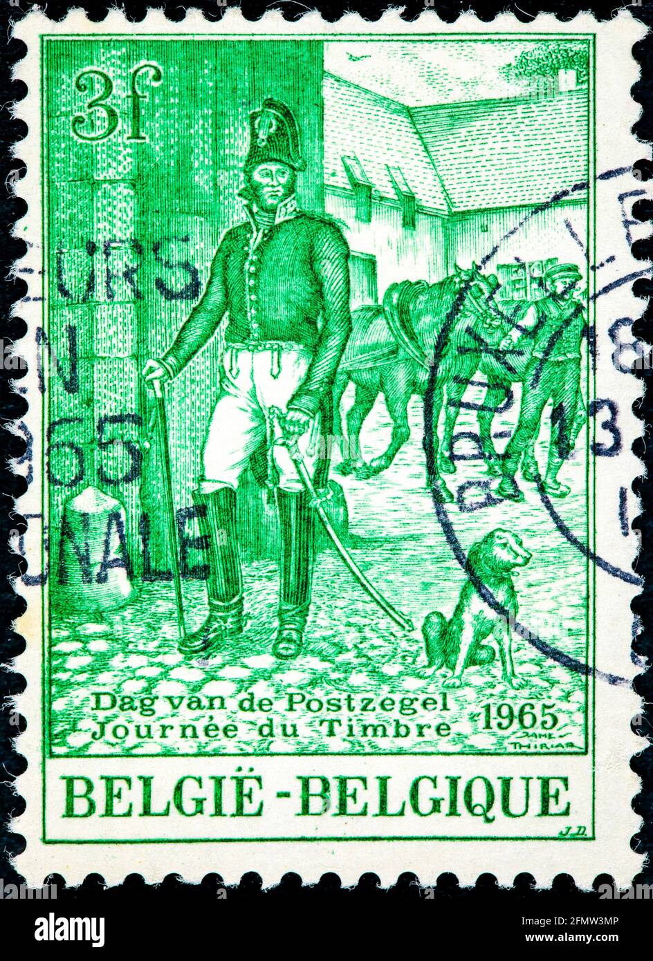 Belgique - Circa 1965: Un timbre imprimé en Belgique montre Postmaster, c. 1833, scène de rue, vers 1965 Banque D'Images