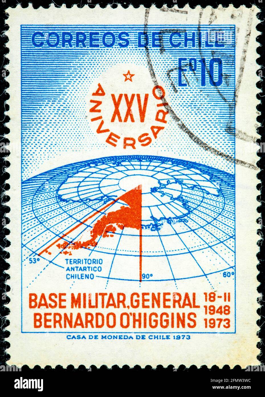 Chili - vers 1973: Timbre-poste annulé imprimé par le Chili, montre l'emplacement de la base militaire O'Higgins dans l'Antarctique à l'occasion du 25e anniversaire, circ Banque D'Images