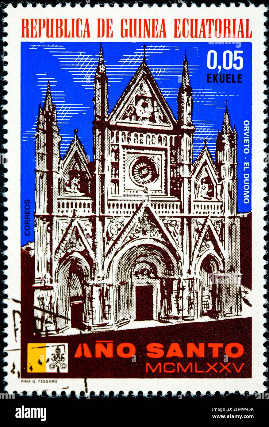 GUINÉE ÉQUATORIALE - VERS 1975: Timbre imprimé en Guinée équatoriale, année Sainte montrée Orvieto, le Duomo Circa 1975 Banque D'Images