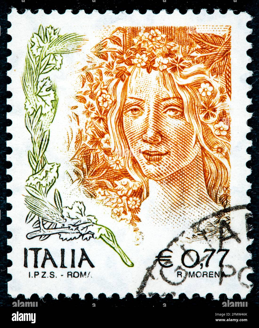 Italie - circa 2003 : timbre imprimé dans l'Italie montre Primavera, Détail de la peinture de Botticelli, vers 2003 Banque D'Images