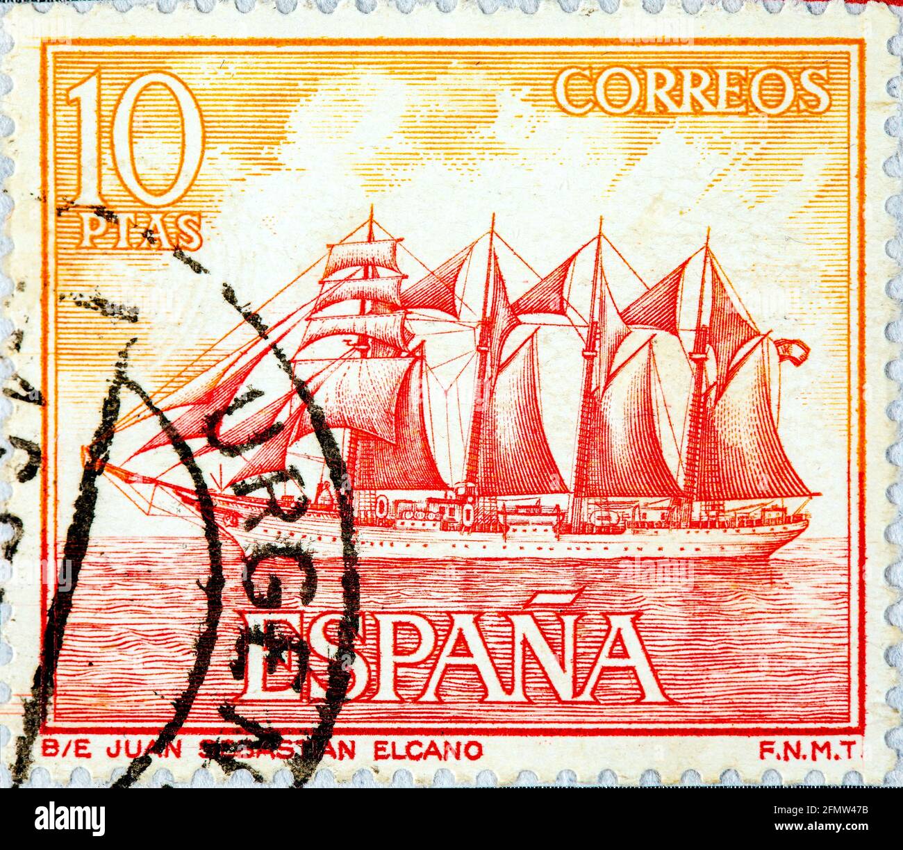 ESPAGNE - VERS 1964: Un timbre imprimé en Espagne montre, de la série hommage à la Marine espagnole, 'Juan Sebastian Elcano' navire scolaire, vers 1964 Banque D'Images
