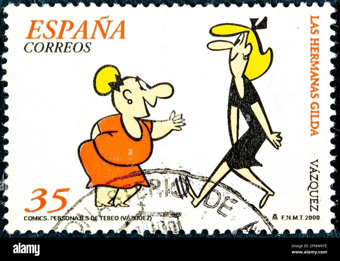 ESPAGNE - VERS 2000: Un timbre imprimé en Espagne montre des personnages de la série de dessins animés, les sœurs gilda, par le caricaturiste Francisco Ibanez, circ Banque D'Images