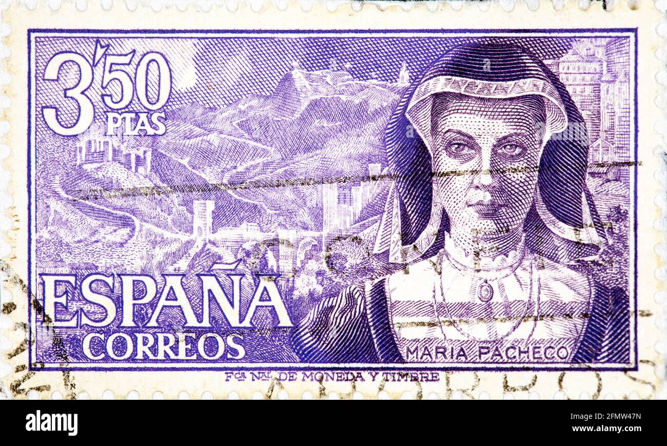 ESPAGNE - VERS 1964: Un timbre imprimé en Espagne montre, des personnages de la série de l'Espagne, dédié à Maria Pacheco, vers 1964 Banque D'Images