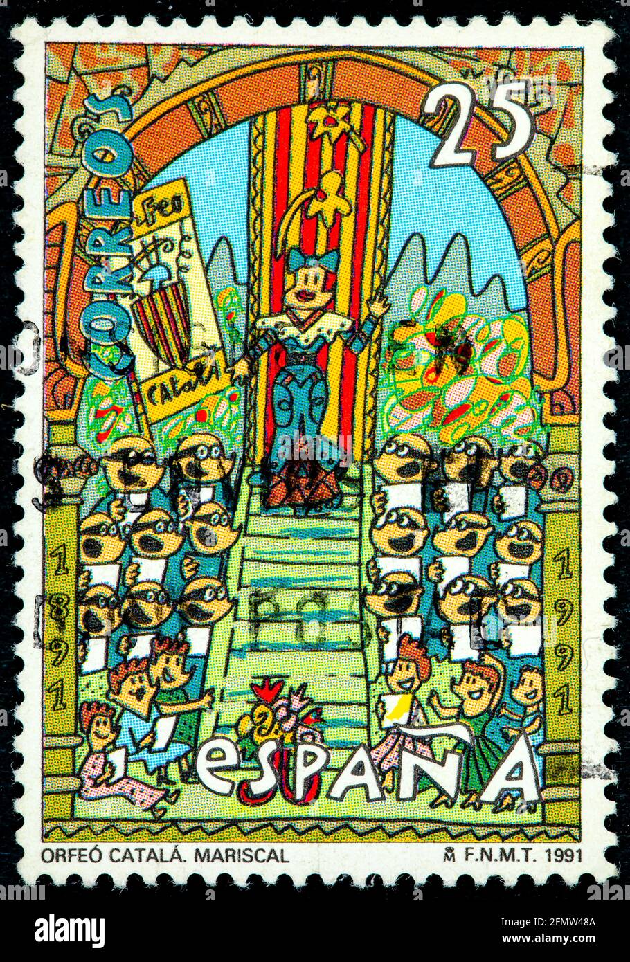 ESPAGNE - VERS 1991: Un timbre imprimé en Espagne montre Orfeo Catala conçu par Javier Errando Mariscal designer multidisciplinaire espagnol, vers 1991 Banque D'Images
