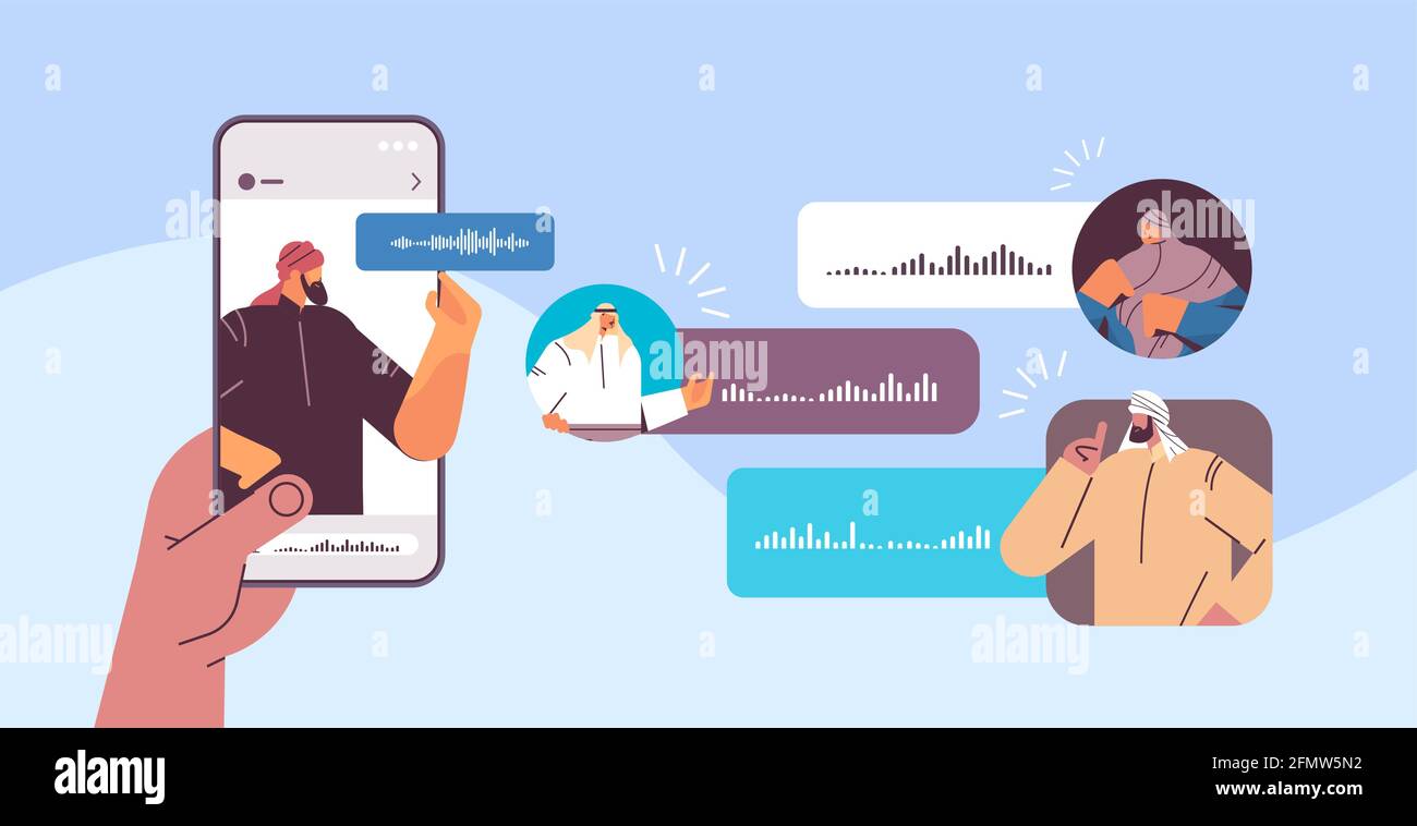 les personnes arabes communiquent dans des messagers instantanés par audio de messages vocaux communication en ligne de l'application de chat Illustration de Vecteur