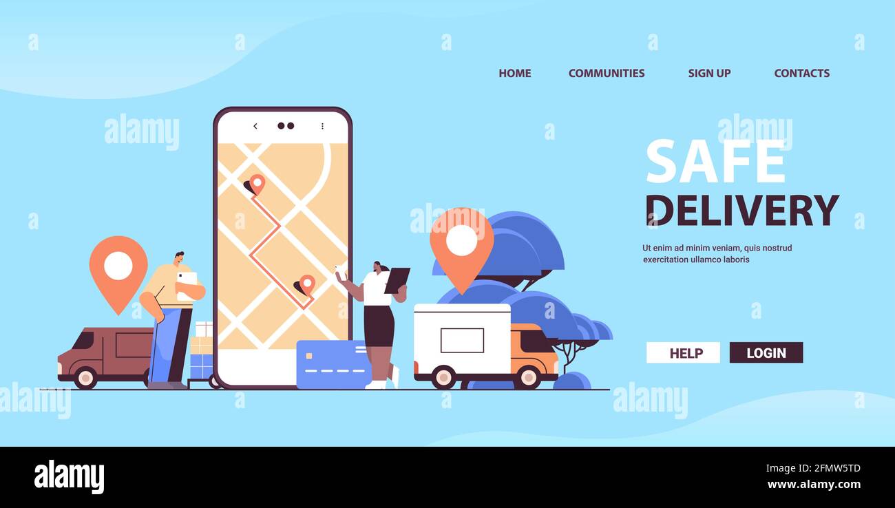 personnel de service de livraison sûr utilisant le transport en ligne et logistique numérique application d'achat sur l'écran du smartphone Illustration de Vecteur