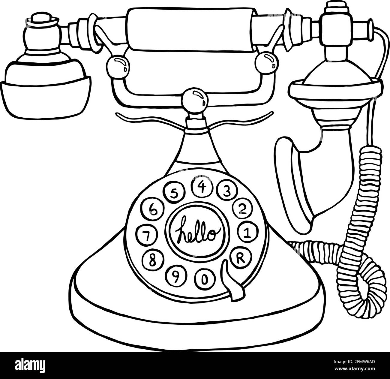Illustration de style vintage Phone Doodle au format vectoriel. Croquis dessiné à la main du téléphone rotatif antique Illustration de Vecteur