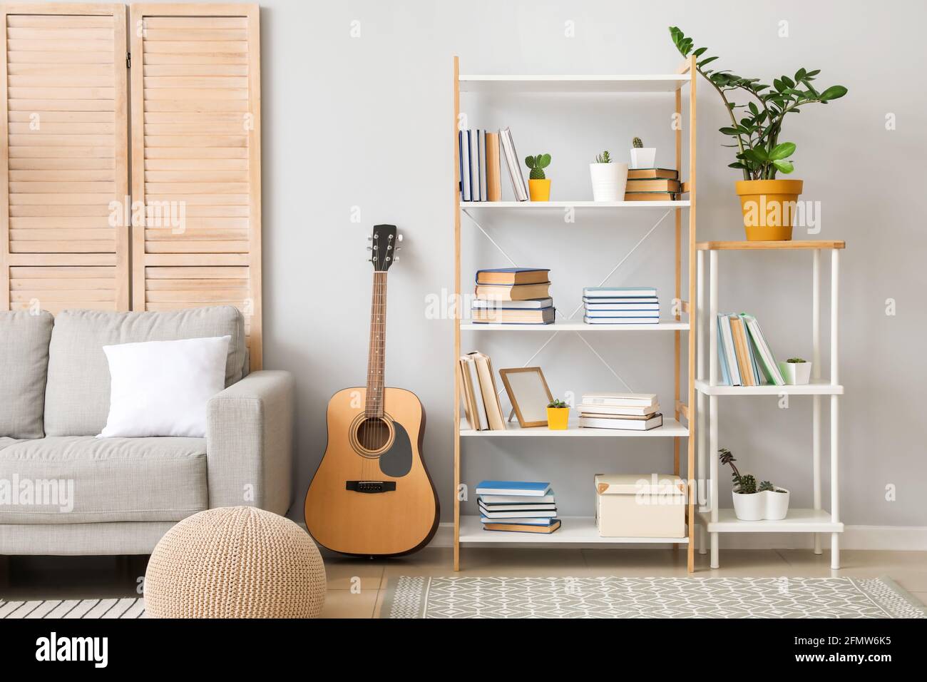 Intérieur du salon moderne avec étagère et canapé Banque D'Images