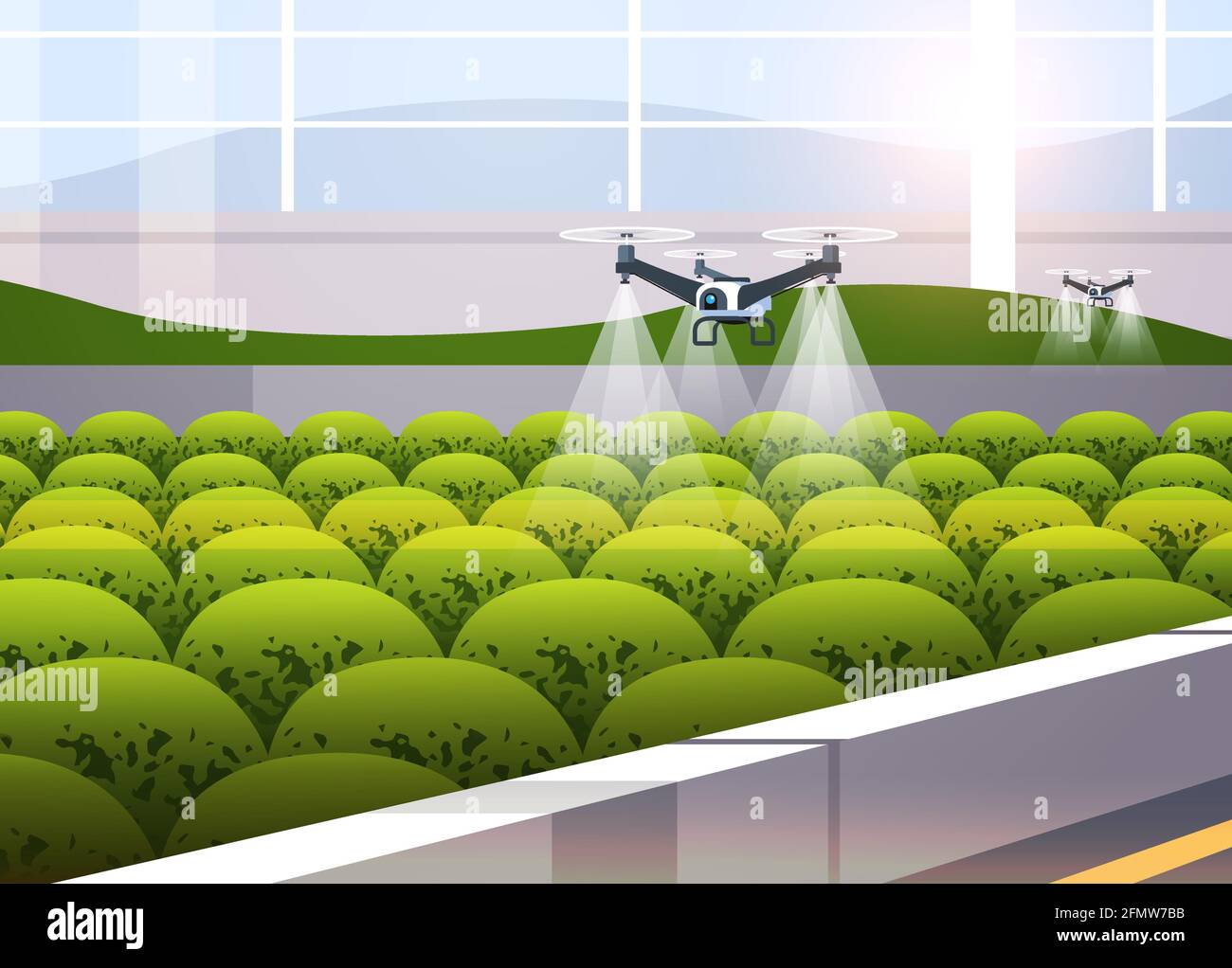 drones agricoles pulvérisateurs quadruples copters qui se sont enlaimés pour pulvériser des engrais chimiques dans l'innovation de l'agriculture intelligente de serre Illustration de Vecteur