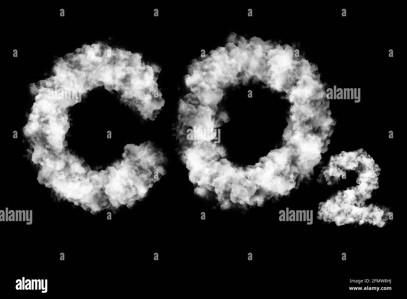 Lettrage CO2 fait de nuages isolés sur noir. Ciel avec pollution par le CO2, smog Banque D'Images