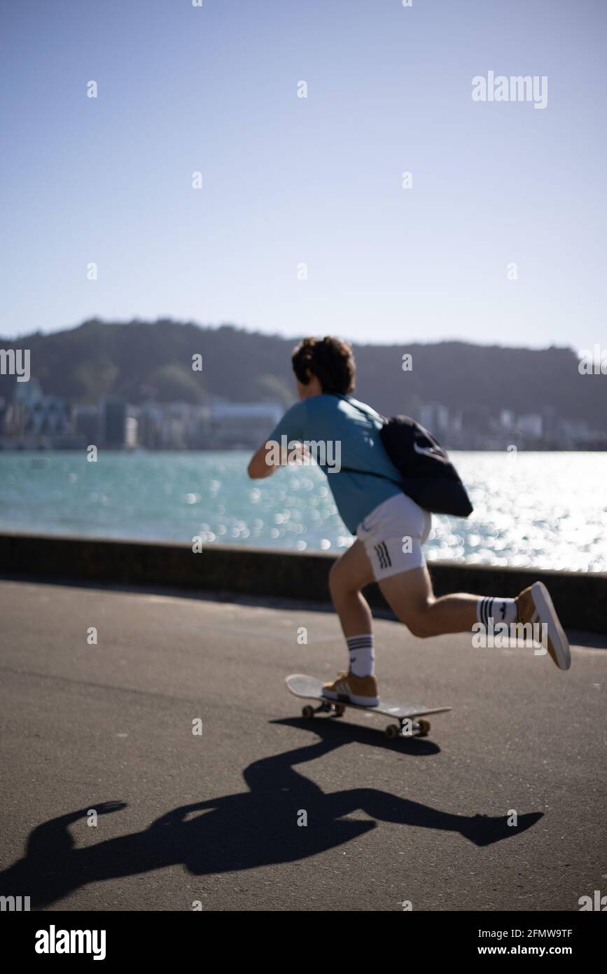 Le skateboarder se rend sur le front de mer, Wellington, Nouvelle-Zélande Banque D'Images