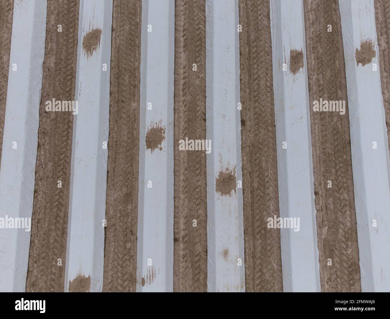Champ d'asperges photographié avec un drone, vue intéressante des différentes rangées d'asperges formant un modèle, Rhénanie du Nord Westphalie, Allemagne Banque D'Images