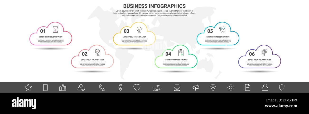Infographies sur les clouds. Concept métier de la ligne vectorielle de 6 options. Modèle abstrait avec six étapes pour diagramme, web, bannière, présentations, organigramme Illustration de Vecteur
