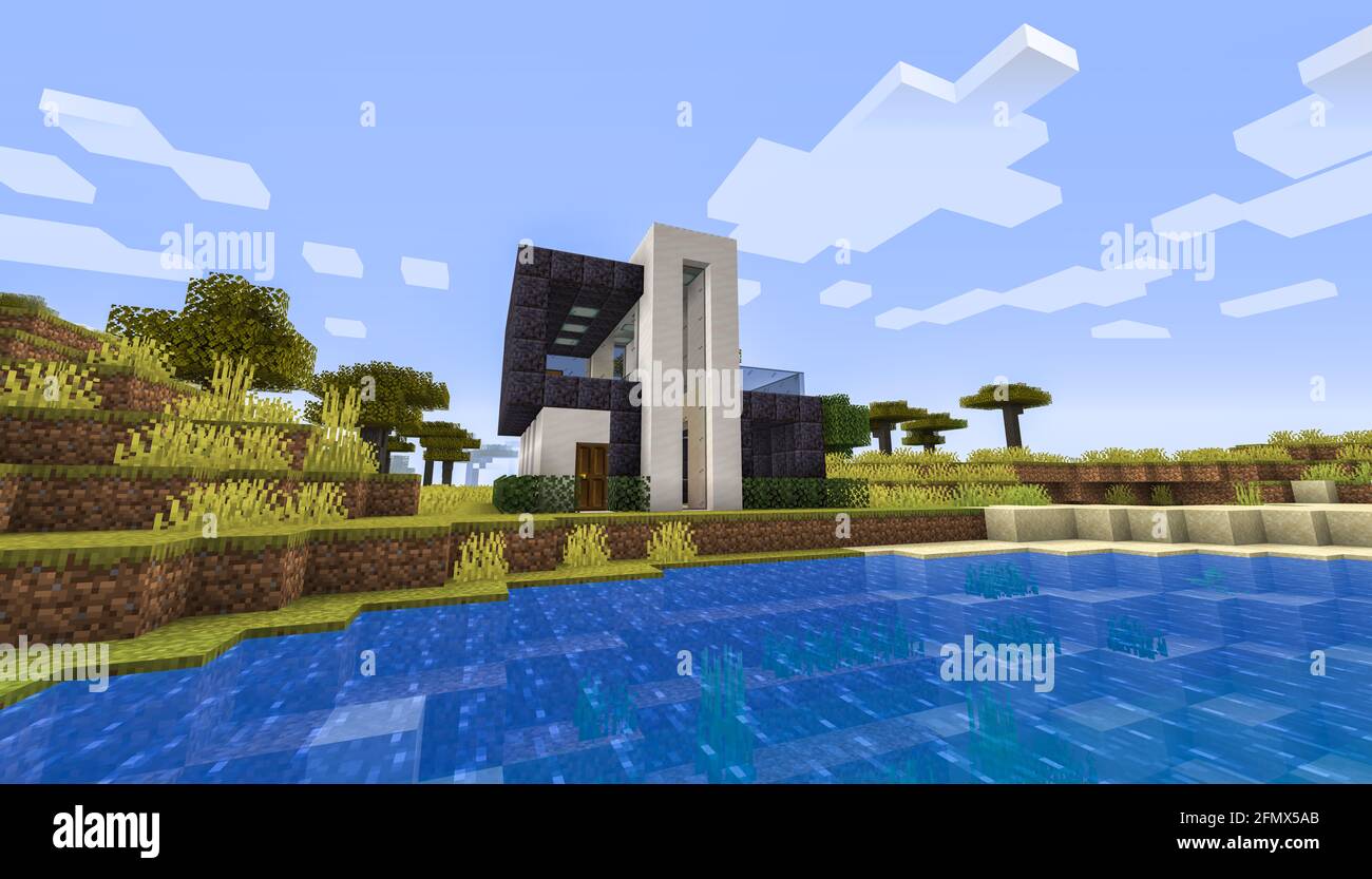 Minecraft Game – Mai 11 2021 : exemple de design moderne de la maison dans Minecraft Game 3D illustration. Éditorial Banque D'Images