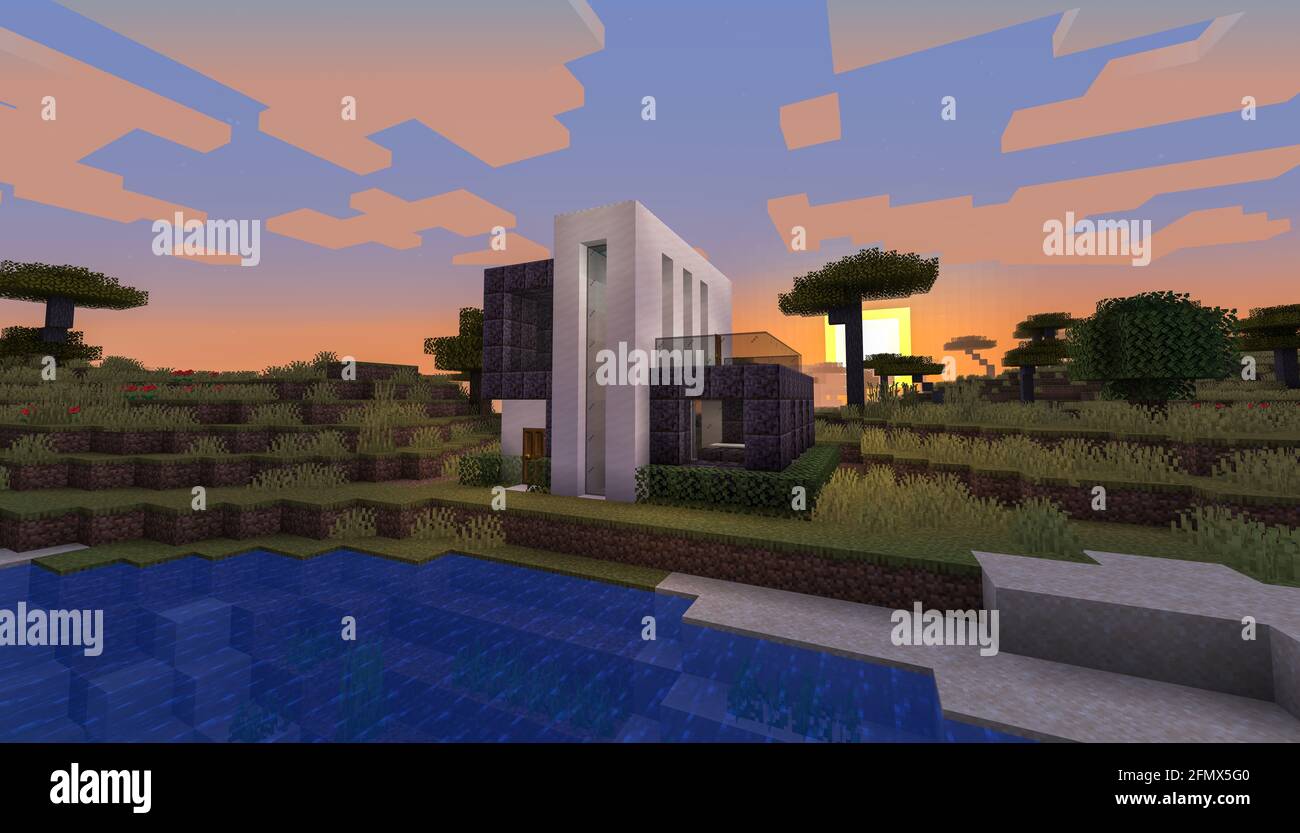 Minecraft Game – Mai 11 2021 : exemple de design moderne de la maison dans Minecraft Game 3D illustration. Éditorial Banque D'Images