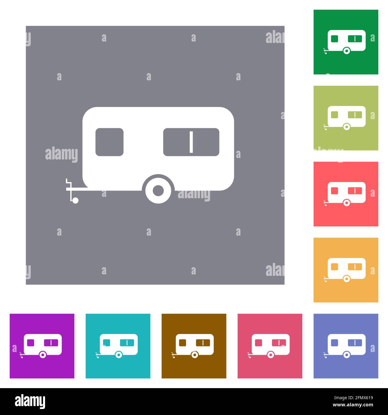 Remorque caravane icônes plates sur des arrière-plans carrés de couleur simples Illustration de Vecteur