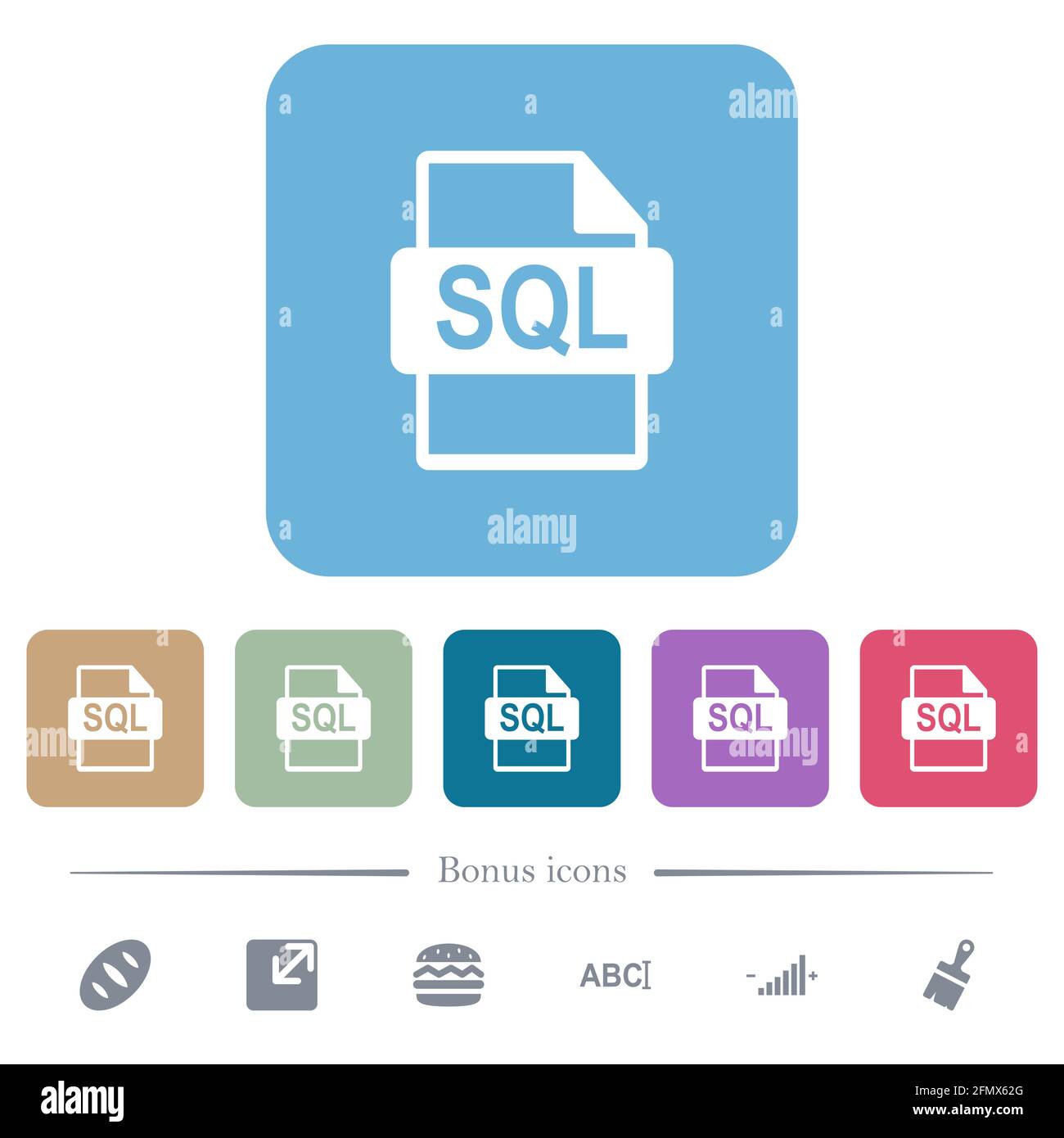 Format de fichier SQL icônes plates blanches sur arrière-plans carrés de couleur arrondie. 6 icônes bonus incluses Illustration de Vecteur