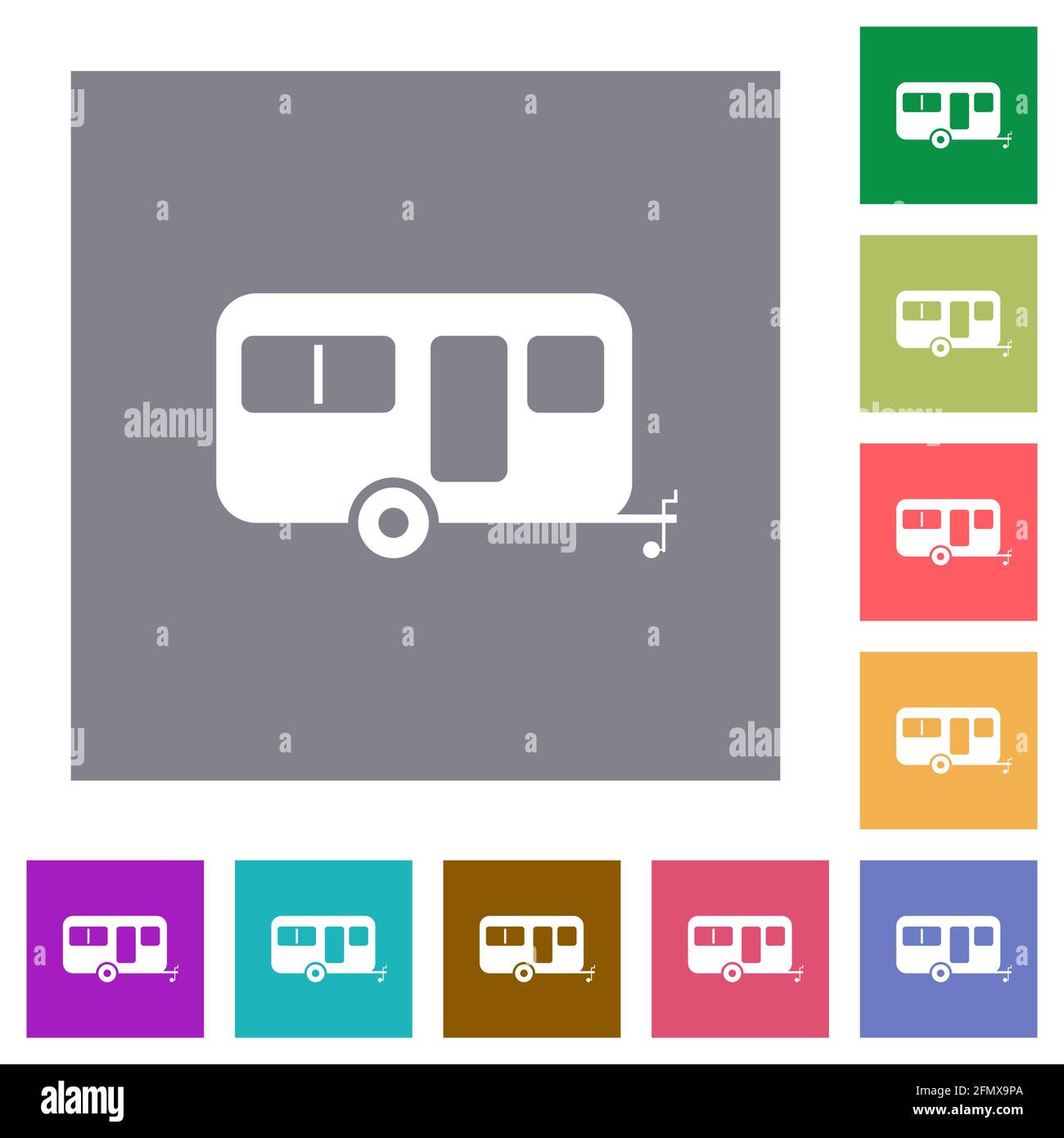 Remorque caravane icônes plates sur des arrière-plans carrés de couleur simples Illustration de Vecteur