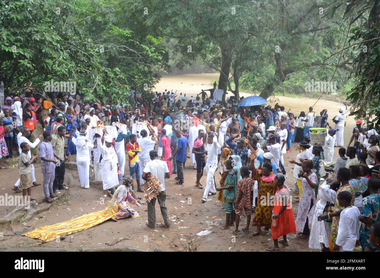 Osun Osogbo spirituel Ecstasy: Adhérant prenant le sacrifice à la déesse Osun pendant le festival Osun Osogbo. Banque D'Images